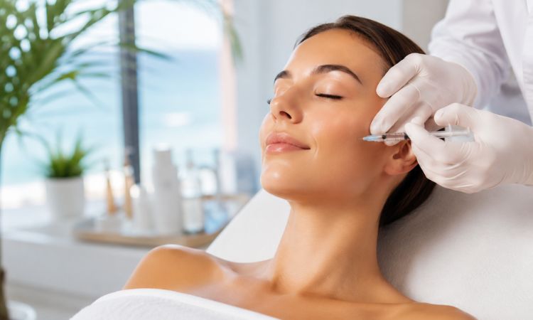 Donna sottoposta a un trattamento di medicina estetica non invasivo in un ambiente clinico durante l'estate, con procedura senza tempi di recupero eseguita da un professionista.